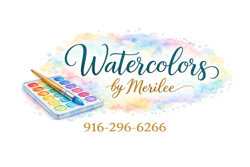 TITLE Alt Text: A watercolor-style logo featuring a paint palette with vibrant colors and a paintbrush resting on top. Behind the text is a soft pastel watercolor splash. The logo reads “Watercolors by Merilee” with the phone number “916-296-6266.”